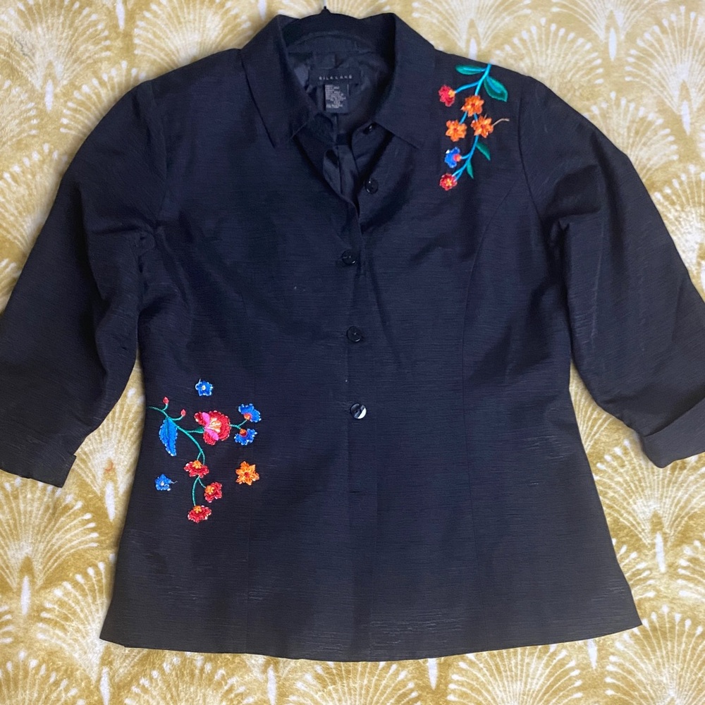 SilkLand Black Blazer with Colorful Floral Embroidery